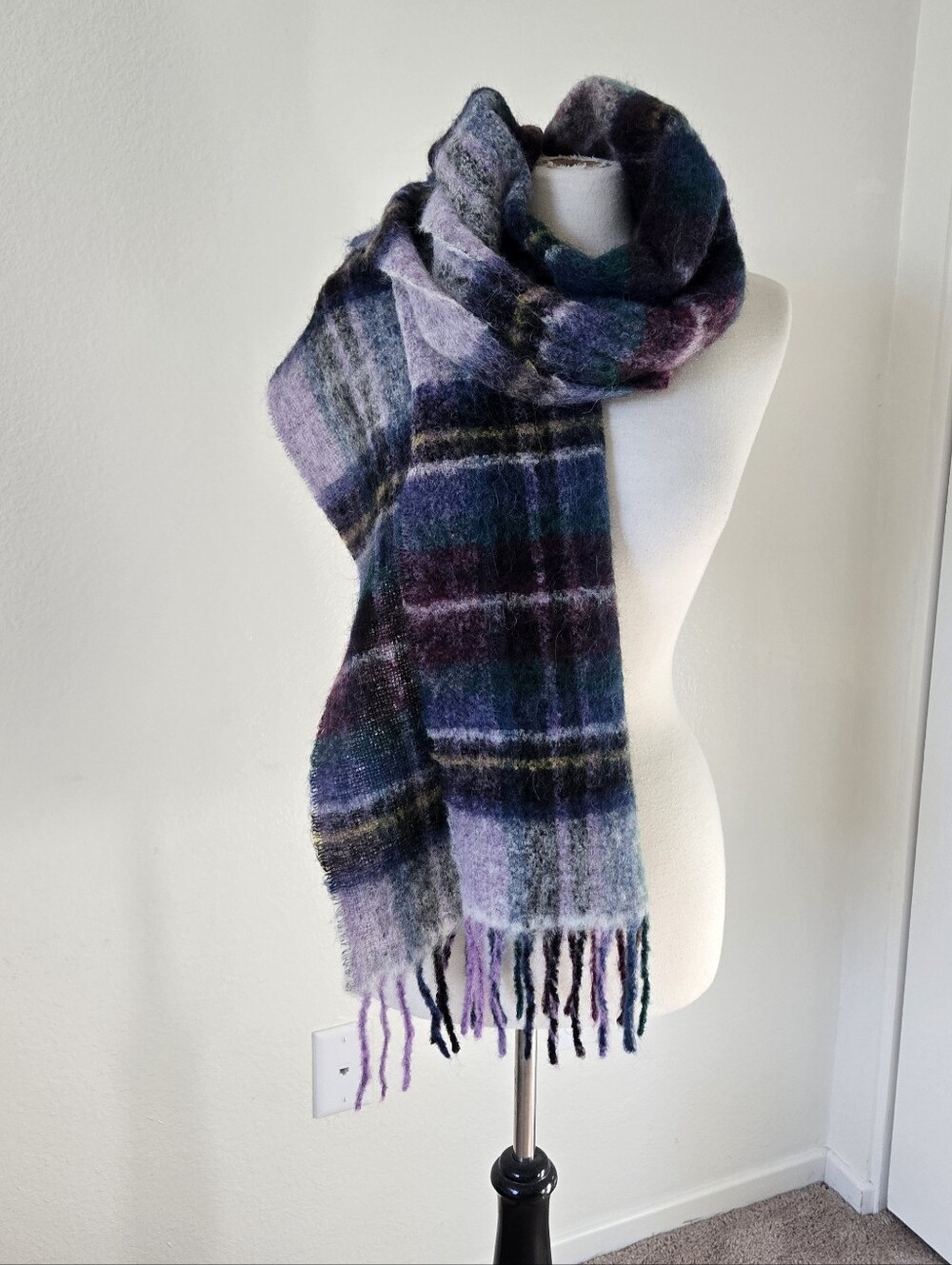 Holzweiler Lambwool Fringed Checked Alpaca Mohair Blend Scarf Shawl 72"Γ18"